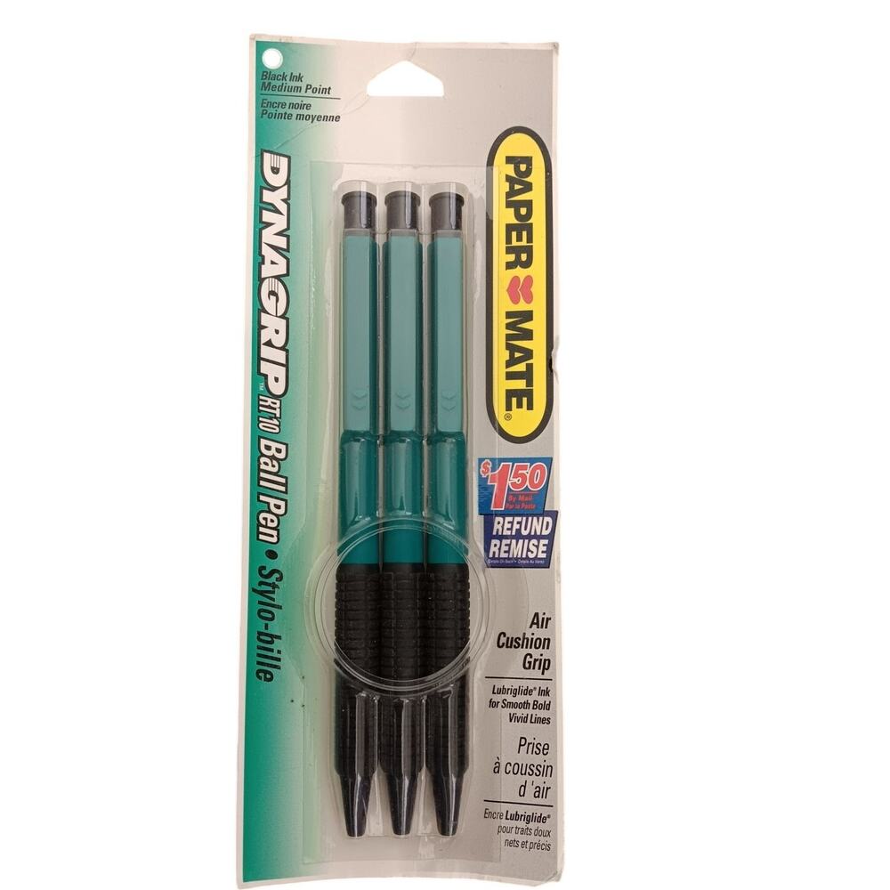 Papermate Dynagrip Black Ink Ball Pen RT10 Medium Point Retract 3 pk 873-34 NEW